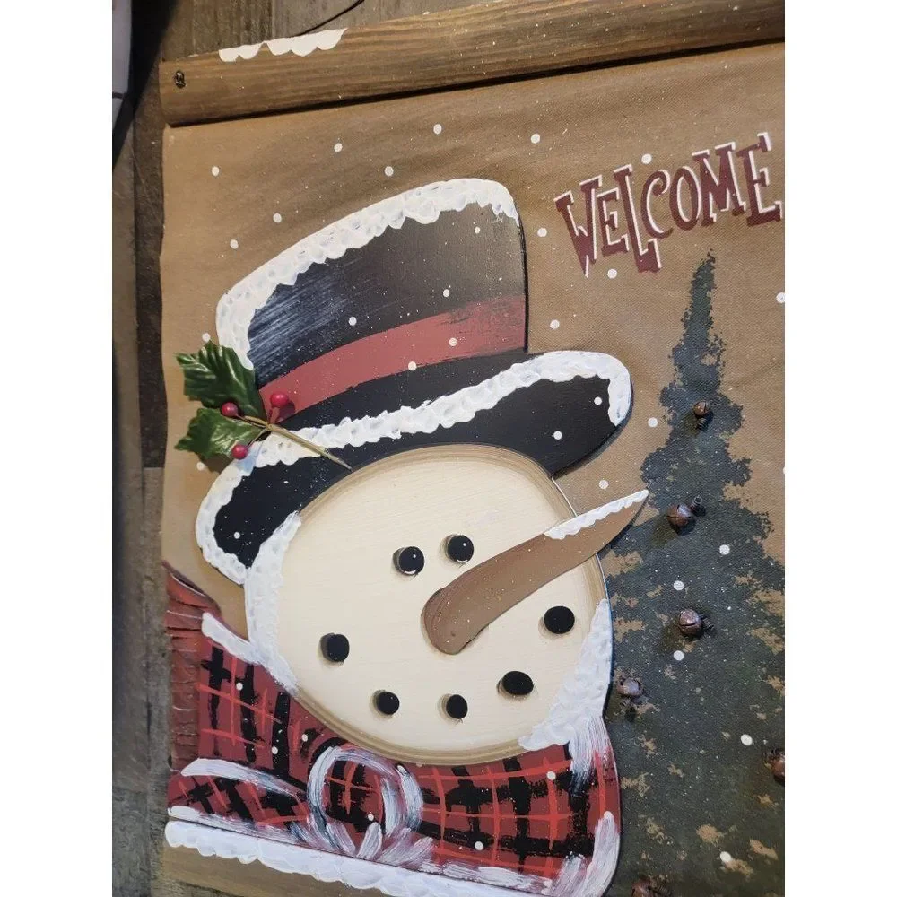 Wooden Snowman canvas welcome bell xmas‎ tree flag banner decor snow Mistletoe